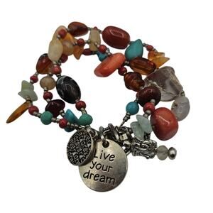 Beaded And Stone Bracelet Silver Tone 7"